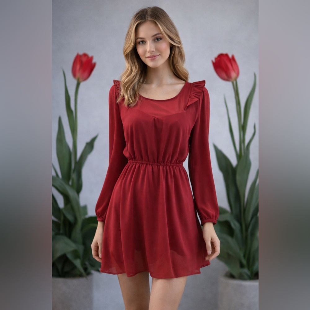 Cute simple red dress long sleeve Forever 21 SZ LG elastic waist